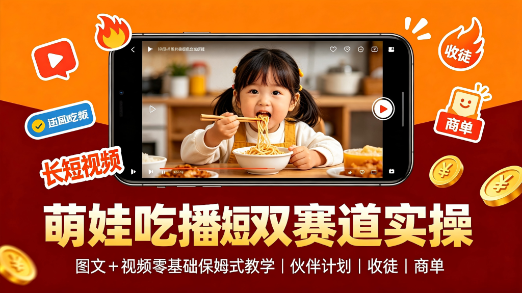 萌娃吃播短视频全教程|长短视频双赛道实操,图文+视频零基础保姆式教学,伙伴计划-收徒-商单等多种变现方式-亮剑学堂