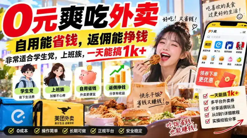 外卖霸王餐返佣项目:0元吃外卖还能赚钱,适合学生与上班族-亮剑学堂