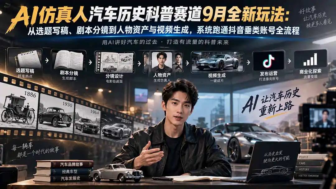 AI仿真人汽车历史科普赛道9月全新玩法:从选题写稿、剧本分镜到人物资产与视频生成,系统跑通抖音垂类账号全流程-亮剑学堂