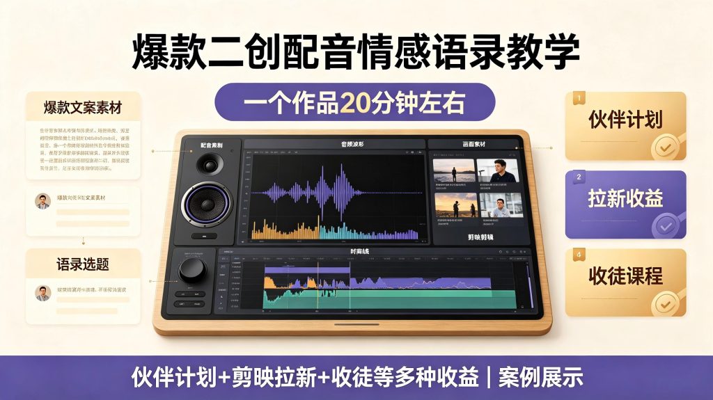 二创配音情感语录视频带货实操:爆款剪辑与多平台变现指南-亮剑学堂