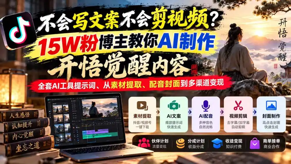 不会写文案不会剪视频？15W粉博主教你AI制作开悟觉醒内容，全套AI工具提示词、从素材提取、配音封面到多渠道变现-亮剑学堂